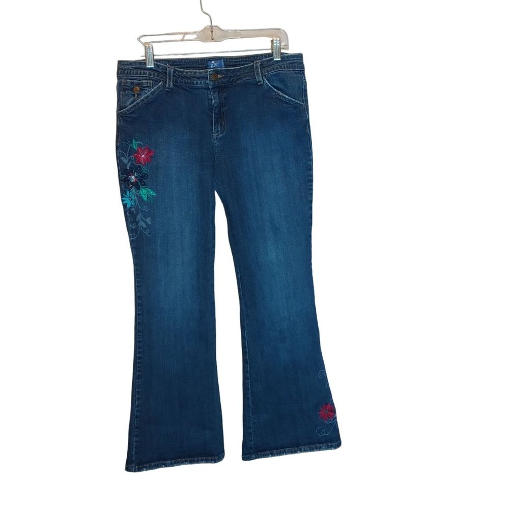 Women's Lilu Wide Leg Embroidered Floral Stretch Low Rise Jeans Sz. 15